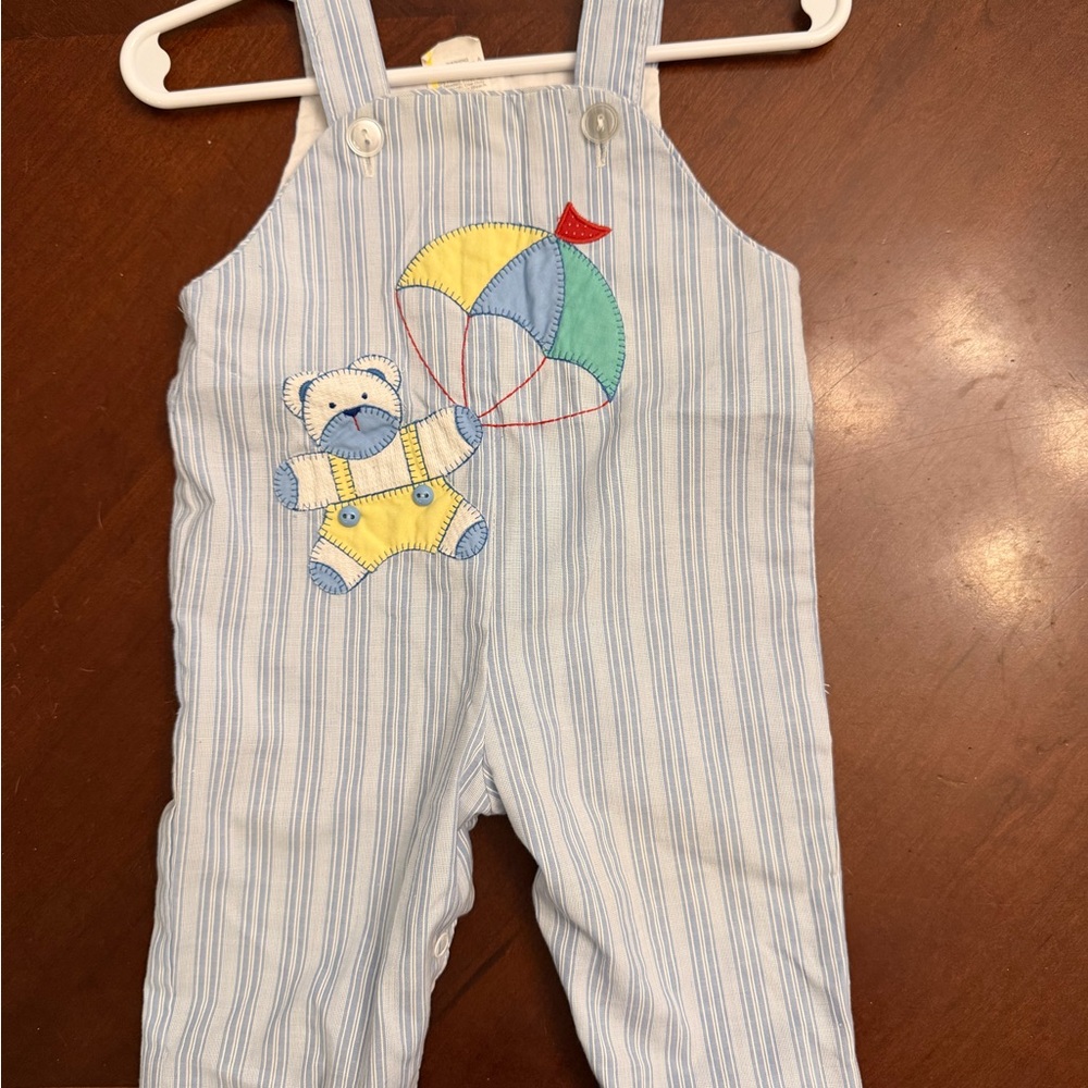 Vintage- Striped Blue Overalls with Bear and Umbrella Design